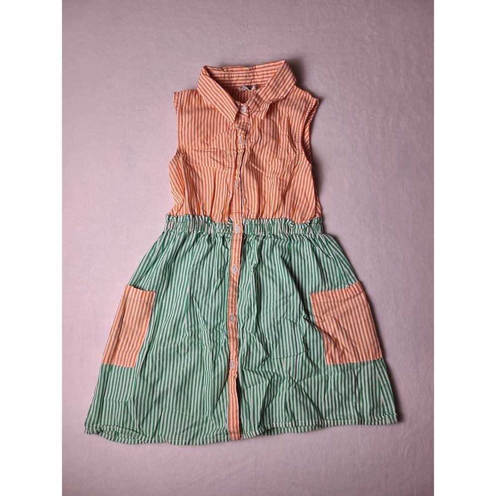 Cotton On Kids Shirt Dress Girls 8 Orange Green Striped Sleeveless Pocket Boho